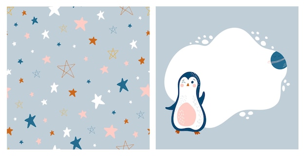 Baby cosmic set with penguin and stars Vector seamless pattern and cute frame in simple style