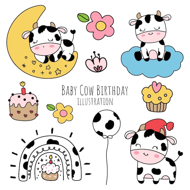 Compleanno della mucca del bambino, scarabocchio della mucca del bambino.