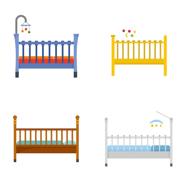 Baby crib cradle bed icons set