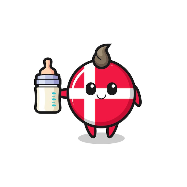 Baby danimarca bandiera distintivo personaggio dei cartoni animati con bottiglia di latte, design in stile carino per t-shirt, adesivo, elemento logo