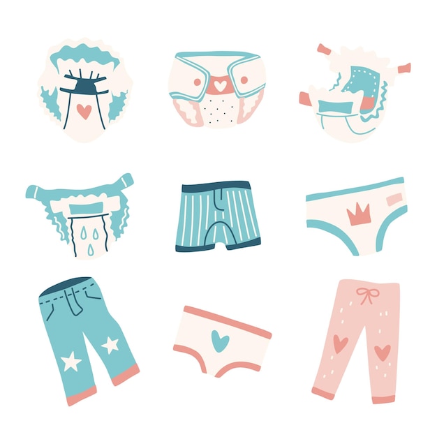 baby diapers and underwear set vector hand drawn baby clothes