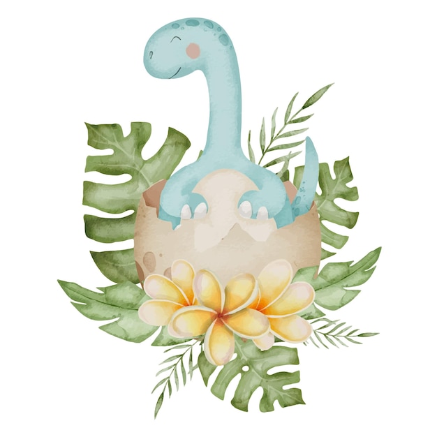 Вектор Маленький динозавр в яйце акварель иллюстрация маленького динозавра диплодокуса для поздравительных открыток на вечеринке для младенцев или приглашений на вечеринку для новорожденных милый рисунок в пастельных цветах для детского дизайна