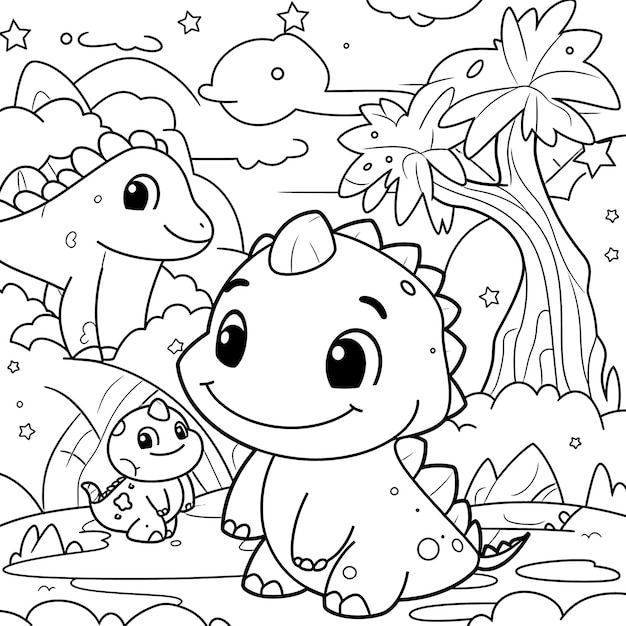 Pagina da colorare di baby dinosauri in bianco e nero per bambini e adulti, linea arte semplice in stile cartone animato, felice, carino e divertente