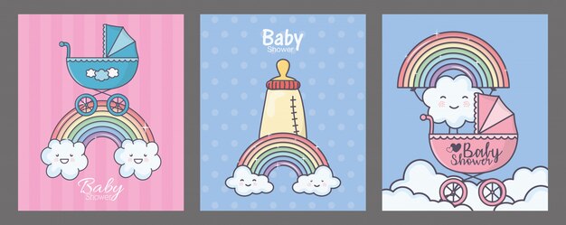 Baby douche blauwe kinderwagen zuigfles regenboogwolken kaartenset