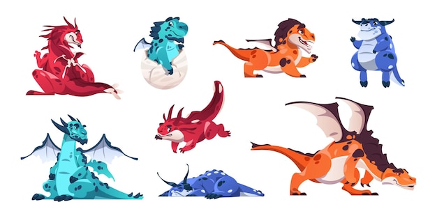 Baby dragon Cartoon fairytale animals Fictional dinosaurs in various poses Mythological flying reptiles with wings Funny monster hatches from egg Vector cheerful magic creatures set