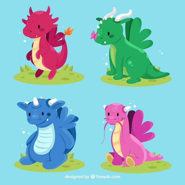 Collezione di personaggi baby dragon con design piatto