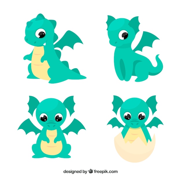 Vector baby dragon character collection with flat design