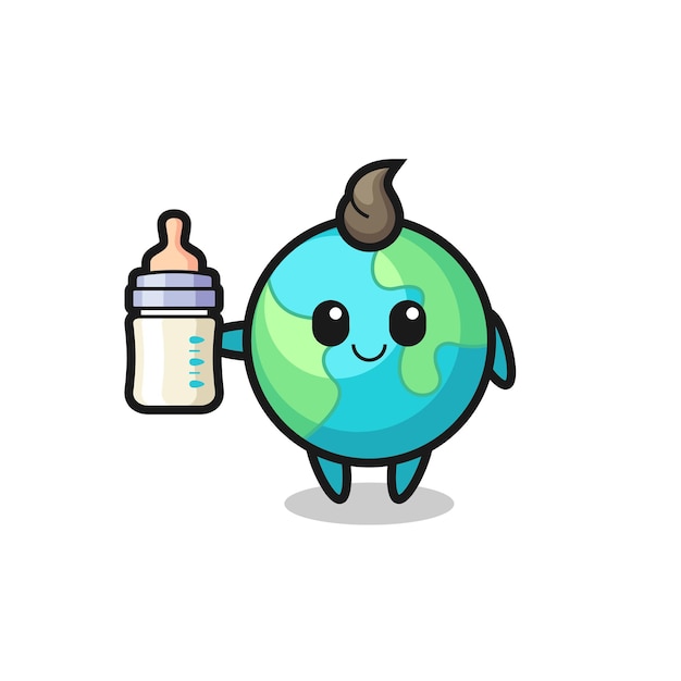 Baby earth cartoon character with milk bottle , cute style design for t shirt, sticker, logo element