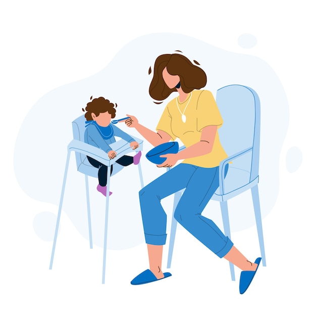 Baby Eating Food Breakfast With Appetite Vector. Mother Feeding With Spoon Child Sitting In Highchair, Little Kid Eat Meal With Appetite. Characters Woman And Infant Flat Cartoon Illustration