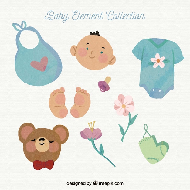 Vector baby elements collection with toys and clothes