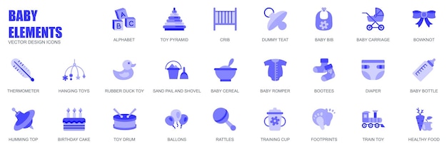 Детские элементы концепции веб-иконок в простом плоском дизайне Пакет алфавитной игрушки, пирамиды, кроватки, соски, нагрудника, банта, комбинезона, бутылки и других векторных синих пиктограмм для мобильного приложения