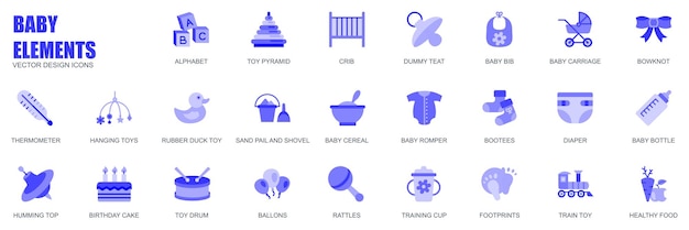 シンプルなフラット デザインで設定された web アイコンの赤ちゃん要素概念アルファベット グッズ ピラミッド ベビーベッド ダミー乳首よだれかけキャリッジちょう結びロンパー ボトルとモバイル アプリの他のベクトル青ピクトグラムのパック