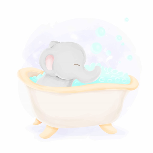 Baby elephant bathing watercolor illustration