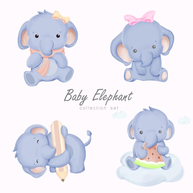 Vettore illustrazione del set di caratteri dell'elefante del bambino con l'illustrazione dell'acquerello