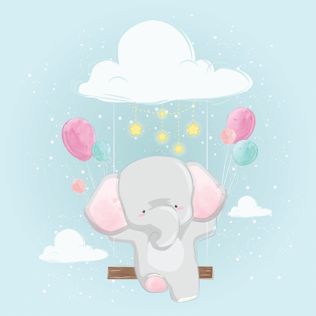 Vector baby elephant flying to the sky