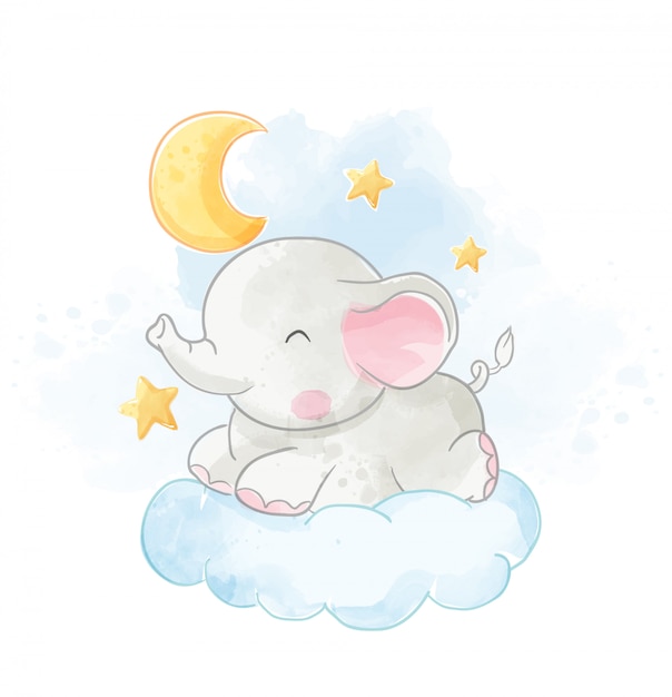 Baby Elephant Lying on Cloud with the Moon Illustration