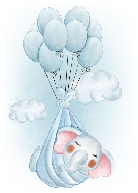 Baby Elephant Sleeping Swaddled by Balloons Watercolor