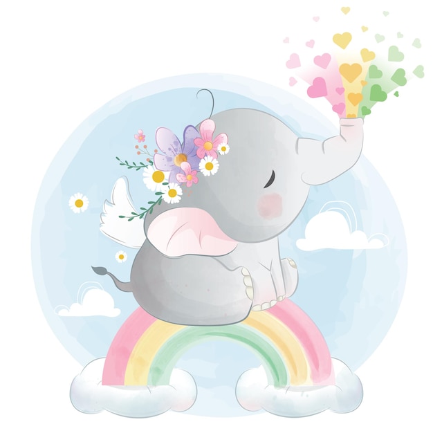 Vector baby elephant splashing rainbow