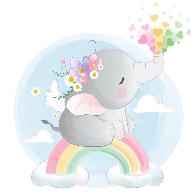 Baby elephant splashing rainbow