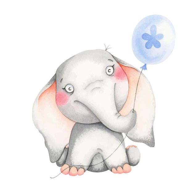 Baby elephant with a balloon watercolor animals isolated on white background