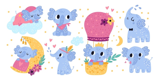 Baby elephants characters Cute kids animals Different poses and actions Happy creature takes shower or sleeping on cloud Hot air balloon flight Dreaming cub Vector lovely mammal set