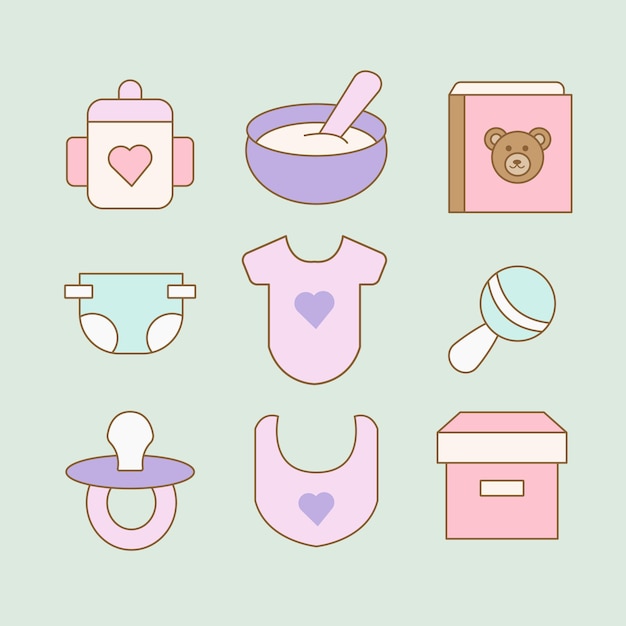 Vector baby equipment icon bundles isolated on soft green background