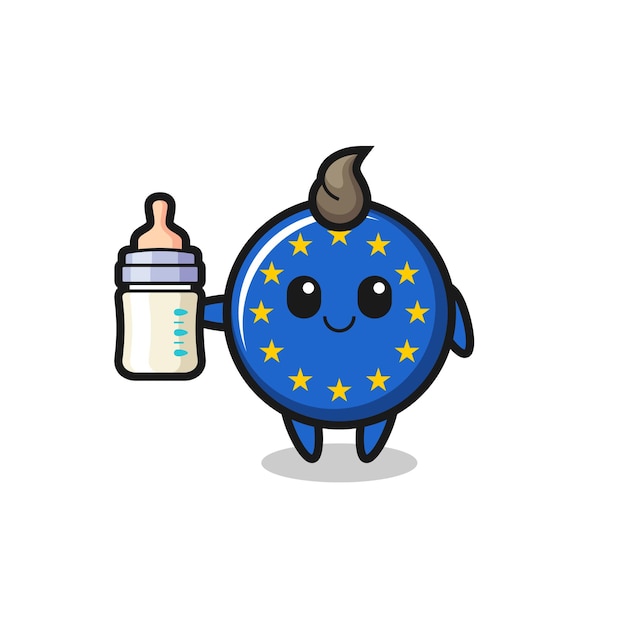 Baby europe flag badge cartoon character with milk bottle , cute style design for t shirt, sticker, logo element