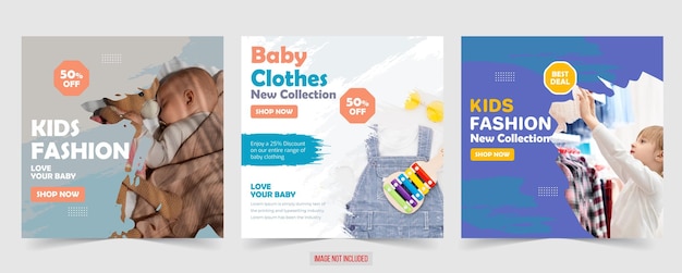 벡터 아기 패션 아기 옷 판매는 소셜 미디어 포스트 템플릿에 대한 사각형 배너를 제공합니다.