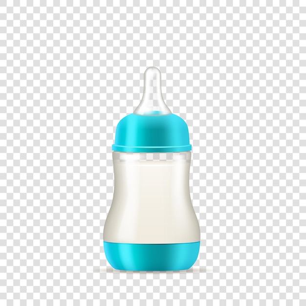 Baby feeding bottle with milk, realistic 3d infant food and drink feeder. Baby feeding bottle with nipple. Equipment for feed newborn kid. 3d vector illustration