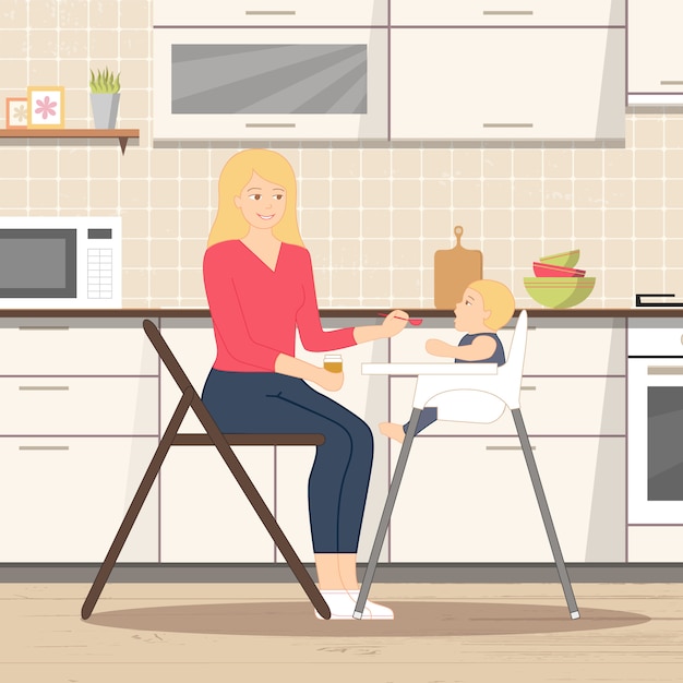 Vector baby feeding in kitchen