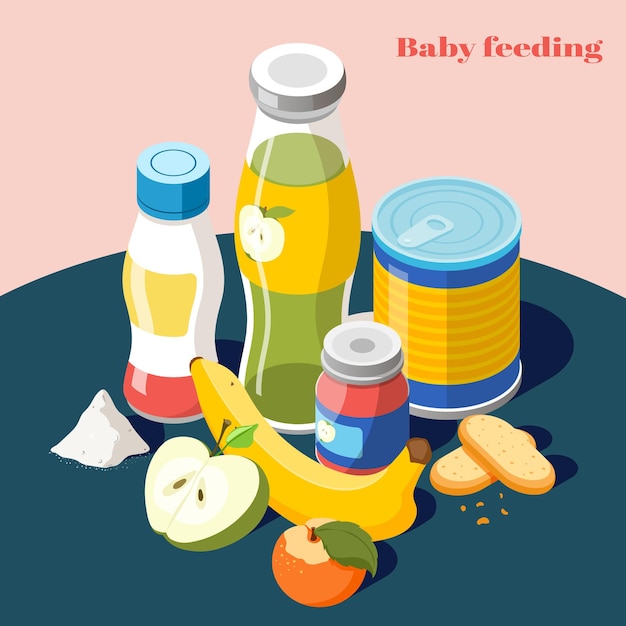 Baby feeding products for infants kids isometric composition with milk powder fruit juice bottle  illustration