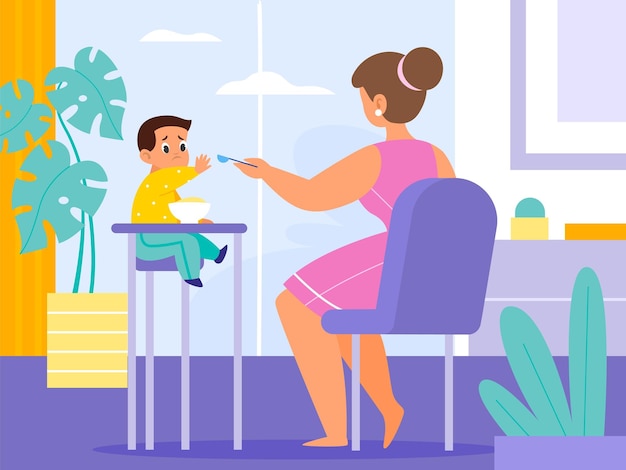 Vector baby feeding room mom gives food toddler with spoon at home little kid sitting on high chair harmful child refuses eat parent care and love happy motherhood vector cartoon flat concept