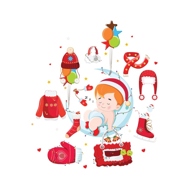 Baby first Christmas Holiday collection with gifts, decorations and cozy winter accessories vector.