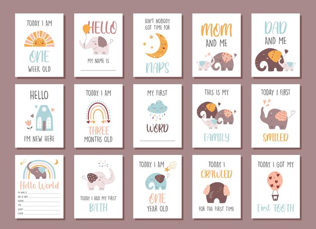 Vector baby first year milestone cards cute cartoon bohemian nursery print boho vector print for baby