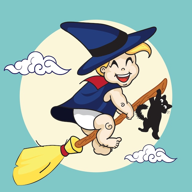 baby flying with a broom with hanging cat illustration