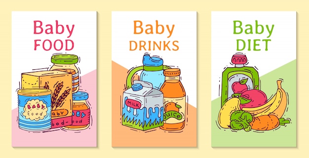 Baby food formula puree vector illustration. Nutrition for kids. Babies bottles and feeding. First meal product templates for invitation cards