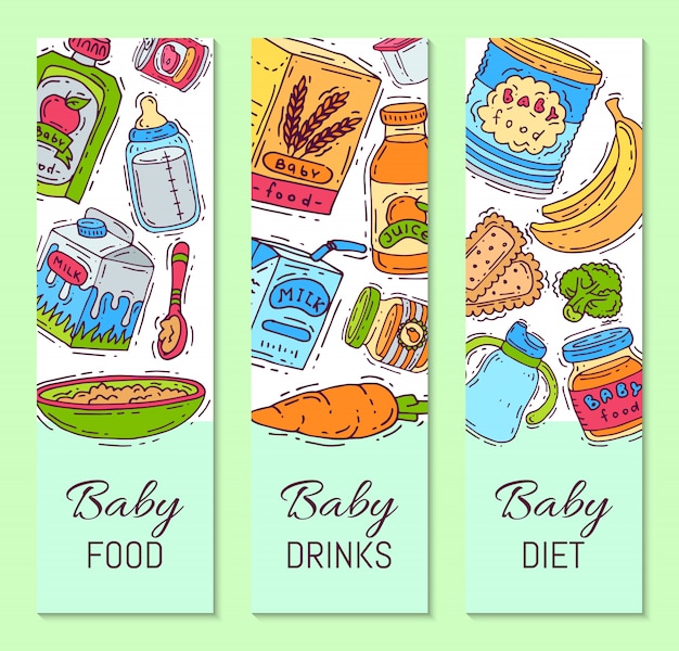 Baby food formula puree vector illustration. nutrition for kids. babies bottles and feeding. first meal product templates for vertical flyers