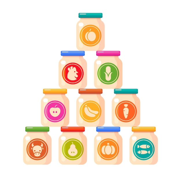 Vector baby food jars with corn pumpkin apple banana carrot pear fish peach beef and chicken