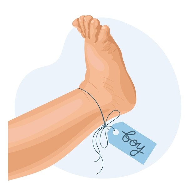 Baby foot with blue label tag boy Icon logo illustration for newborns Pastel colors vector