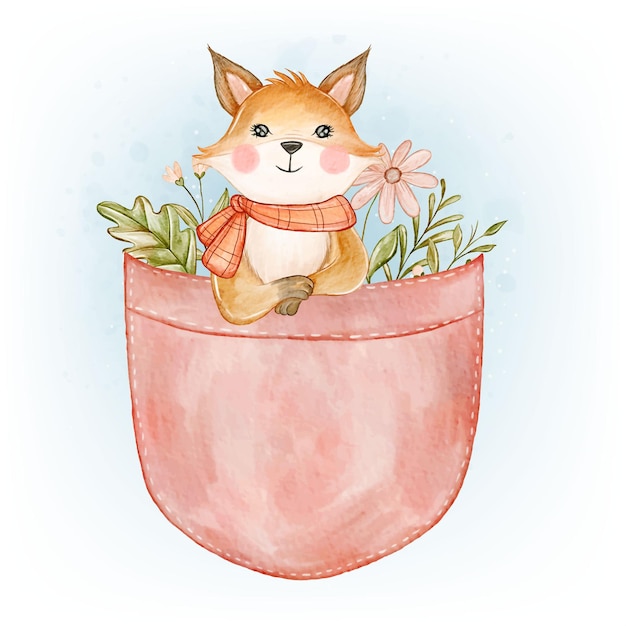 Baby fox adorable on the pocket watercolor