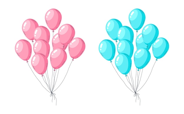 Baby geslacht feest ballonnen Hand getekende roze en blauwe ballonnen bunches schattige glanzende baby douche ballonnen decoraties platte vector illustratie set Gender onthullen feest ballonnen decor.