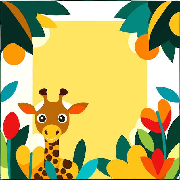 Baby giraffe bloemen frame met de hand getekend platte stijlvolle cartoon sticker icoon concept geïsoleerde illustratie