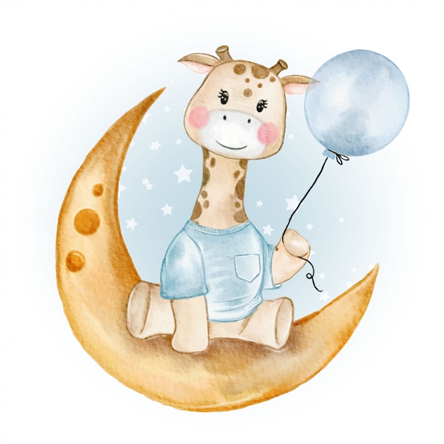 Baby giraffe holding balloon over moon