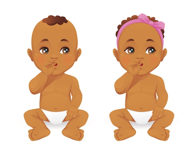 ベクトル 赤ちゃんの女の子と男の子が口の中で指で考える孤立したベクトル図