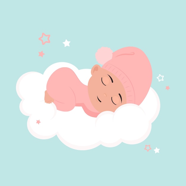 벡터 구름 벡터 일러스트 그래픽에 자고 있는 아기 소녀