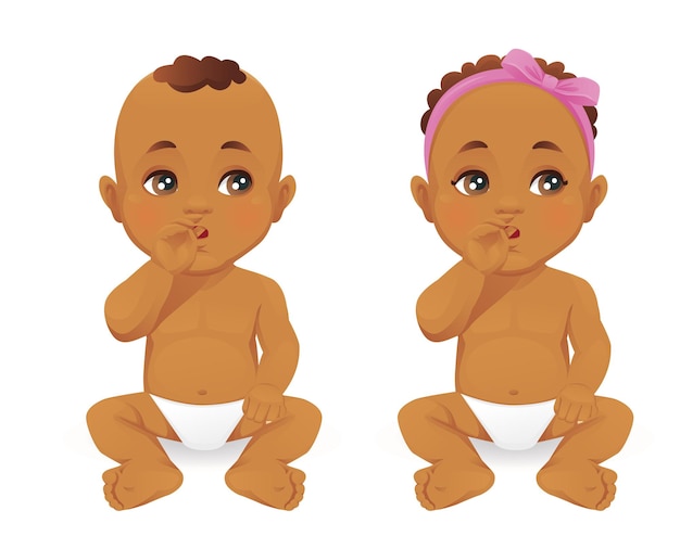 Vector baby girl and boy thinking with finger in mouth isolated vector illustration