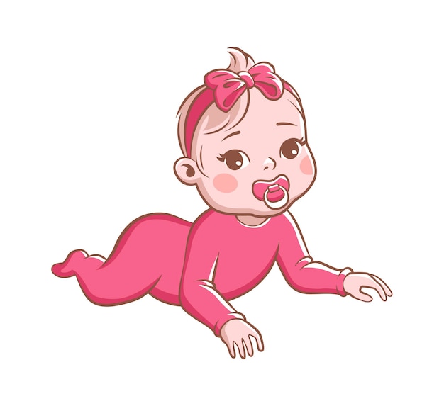 Baby girl. Cute infant with pacifier, happy toddler in pink clothes and ribbon with bow on head lying. Cartoon newborn little playful character vector illustration isolated on white background