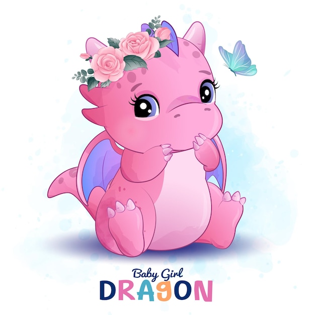 A baby girl dragon with pink wings sits on a blue watercolor background.