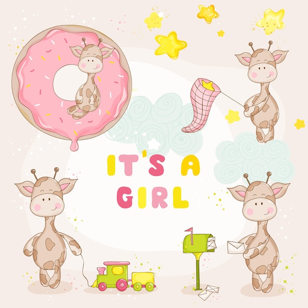 Vector baby girl giraffe set - baby shower or arrival card - in