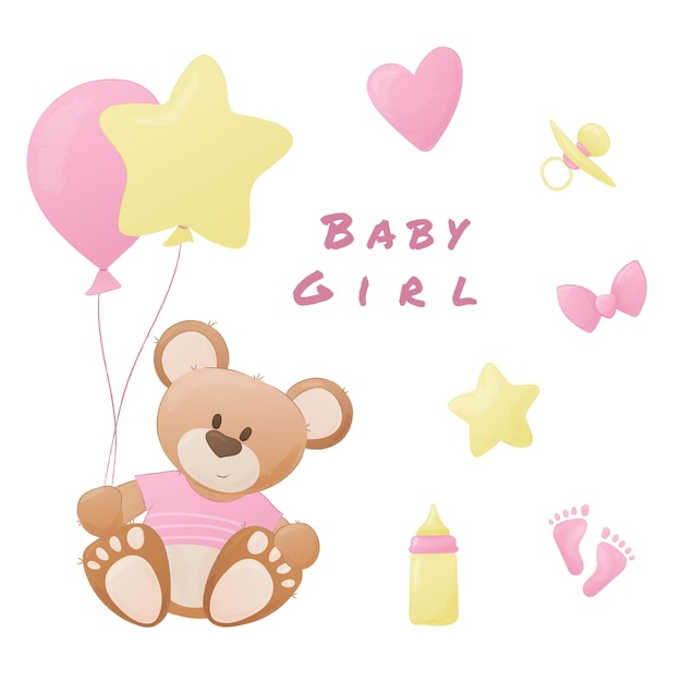 Vector baby girl greeting card teddy bear helium balloons white background